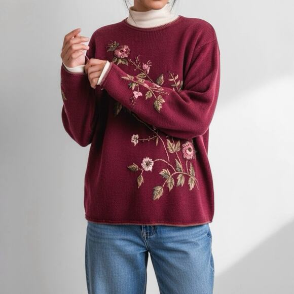 90s Crewel Embroidered Whimsigoth Sweater Academia Dark Romance Cottagecore M - Picture 1 of 12